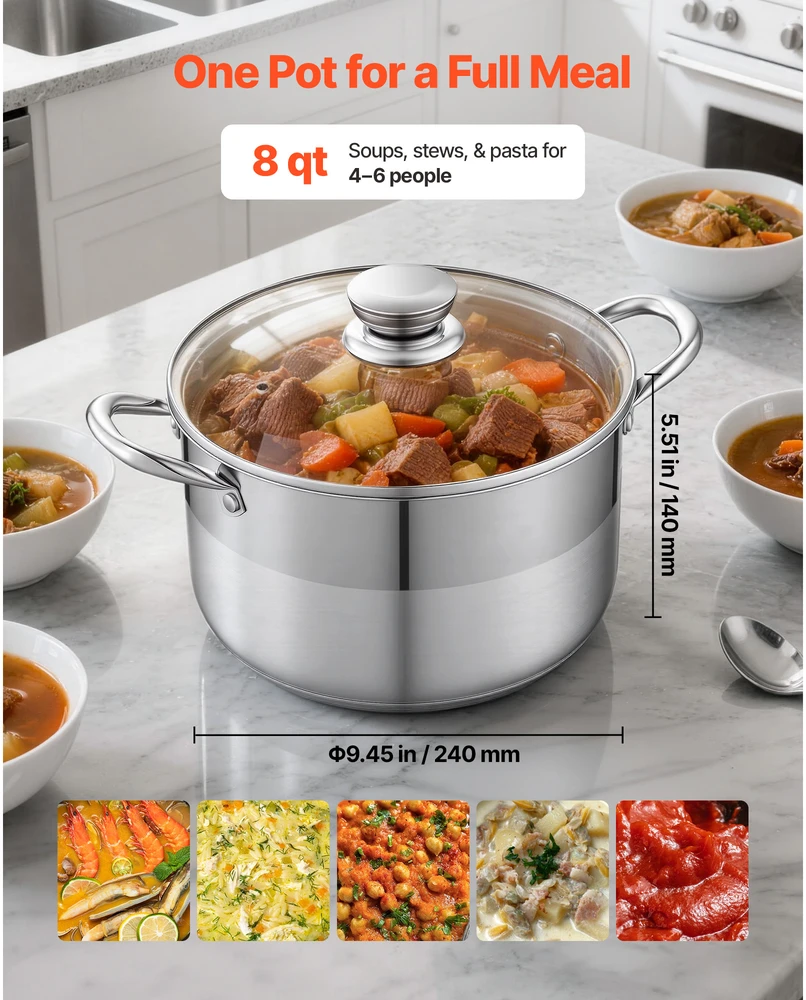 VEVOR Nerūdijančio plieno puodas 7,6 l su stiklo dangčiu