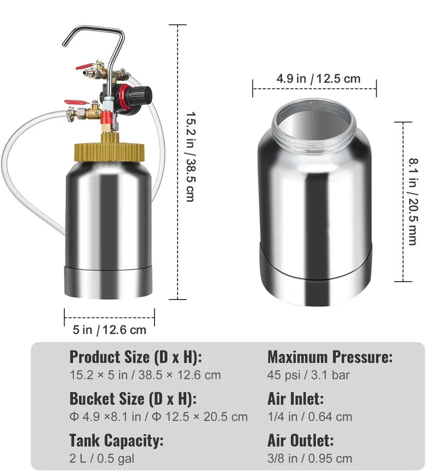 VEVOR Dažų purškimo slėginis bakas, 2L, 1.8mm antgalis