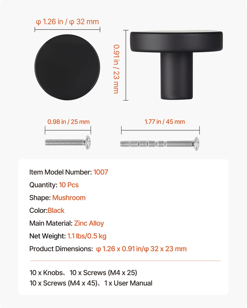 VEVOR juodi 32 mm spintelės rankenėlės 10 vnt.