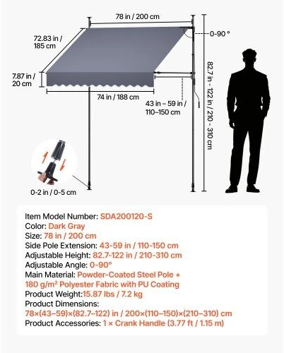 VEVOR Rankinė ištraukiama markizė, 200 cm