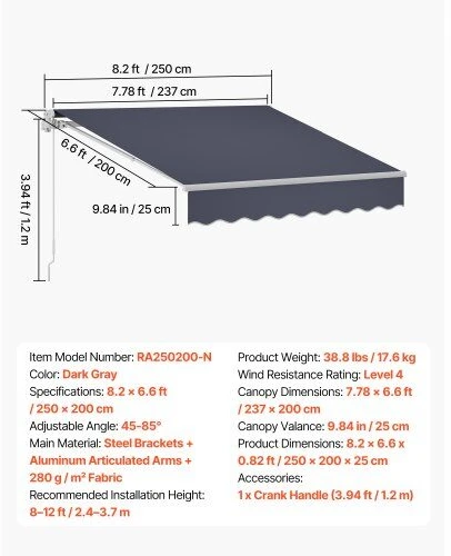 VEVOR Rankiniu būdu ištraukiama markizė 250 x 200 cm