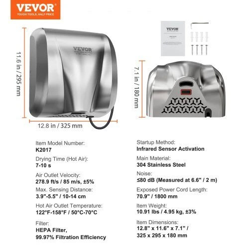 VEVOR 1800W automatinis rankų džiovintuvas