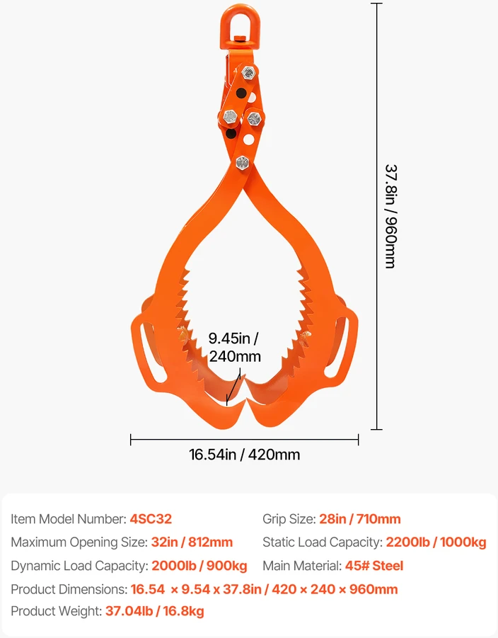 VEVOR 81 cm rąstų kėlimo žnyplės su keturiais nagais