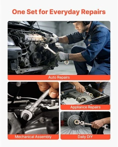 VEVOR Reketinių raktų rinkinys su lanksčia galvute buities ir automobilių remontui, 12 dalių metrinis derinys, lanksti konstrukcija, 72 dantų reketas, susukamas dėklas, įrankių komplektas