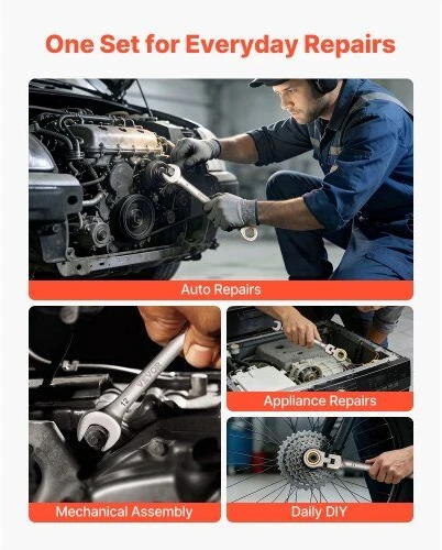 VEVOR Lanksčios galvutės reketinių raktų rinkinys, 24 dalių metrinis, 72 dantukai, bendram buities ir automobilių remontui, su laikymo dėklu, lankstūs kombinuoti raktai, įrankių komplektas