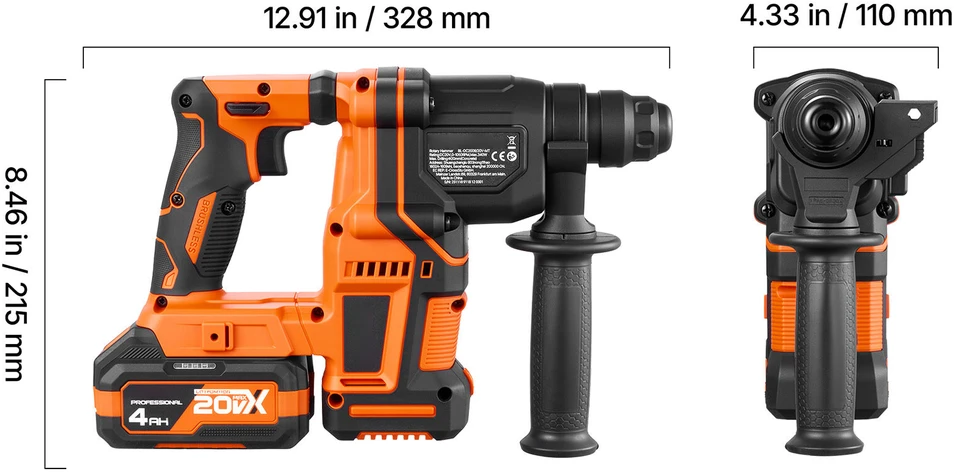 VEVOR Perforatorius betonui, 20 mm SDS-Plus akumuliatorinis, 20V bešepetėlis variklis, su grąžtais ir kaltais, SDS-Plus sukamasis plaktukas, akumuliatorinis gręžtuvas, statybinis perforatorius