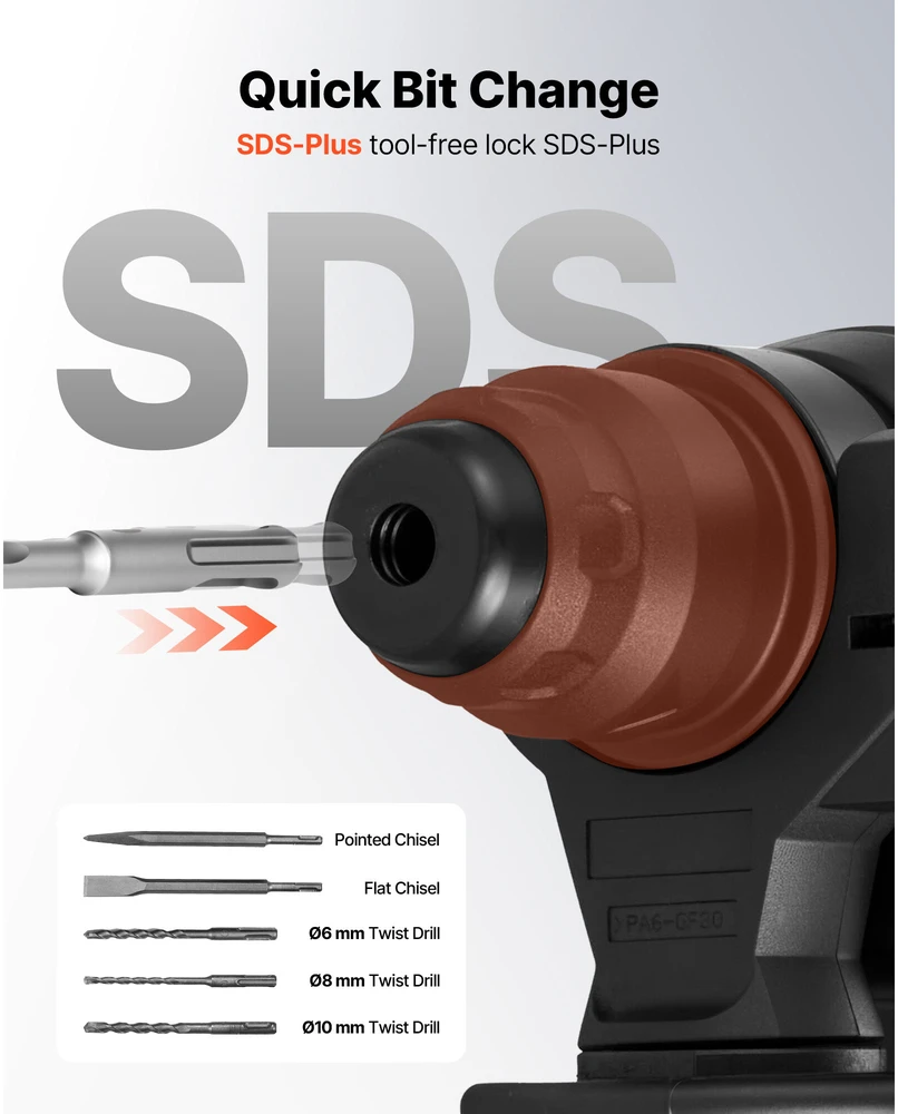 VEVOR Perforatorius betonui, 20 mm SDS-Plus akumuliatorinis, 20V bešepetėlis variklis, su grąžtais ir kaltais, SDS-Plus sukamasis plaktukas, akumuliatorinis gręžtuvas, statybinis perforatorius