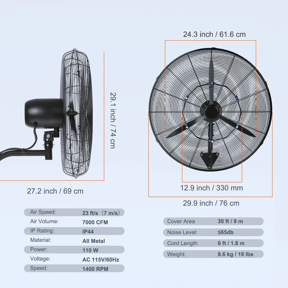 VEVOR 61 cm besisukrečiantis sieninis rūko ventiliatorius