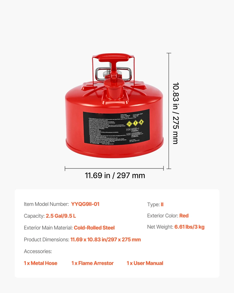 VEVOR Raudona 9,5 L talpos saugos kuro kanistras