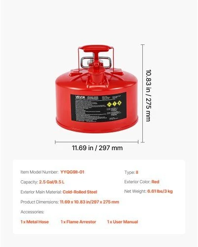 VEVOR Raudona 9,5 L talpos saugos kuro kanistras