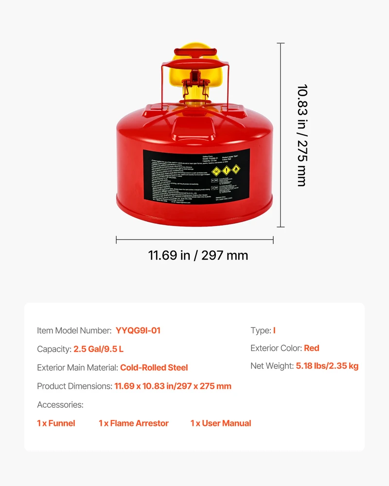 VEVOR Raudonas 9.5 L benzino kanistras