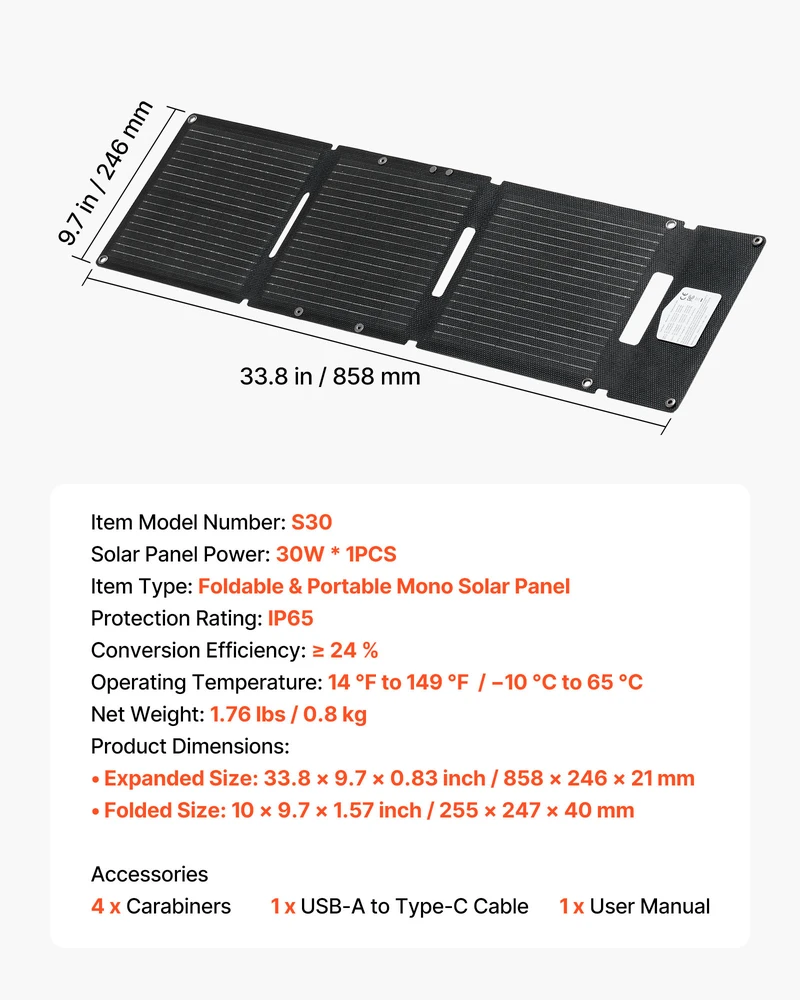 VEVOR Sulankstomas 30W saulės kolektorius, USB ir Type-C