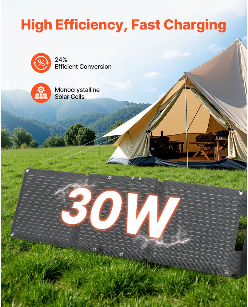 VEVOR Sulankstomas 30W saulės kolektorius, USB ir Type-C