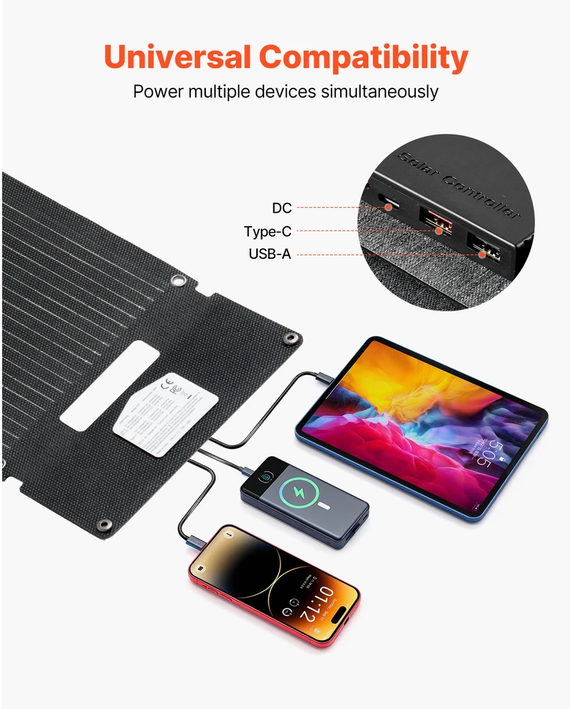 VEVOR Sulankstomas 30W saulės kolektorius, USB ir Type-C