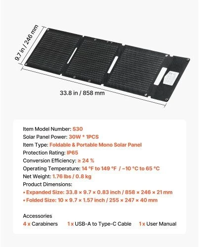 VEVOR Sulankstomas 30W saulės kolektorius, USB ir Type-C