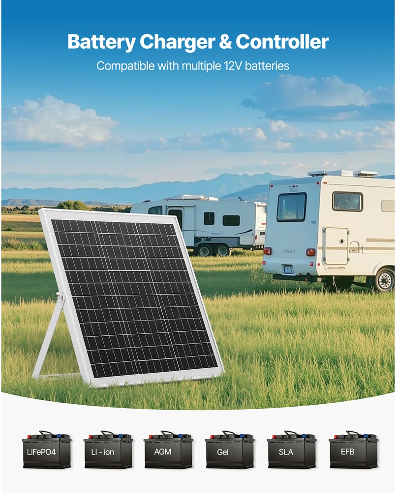 VEVOR 20W 12V saulės baterijų įkroviklis su laikikliu
