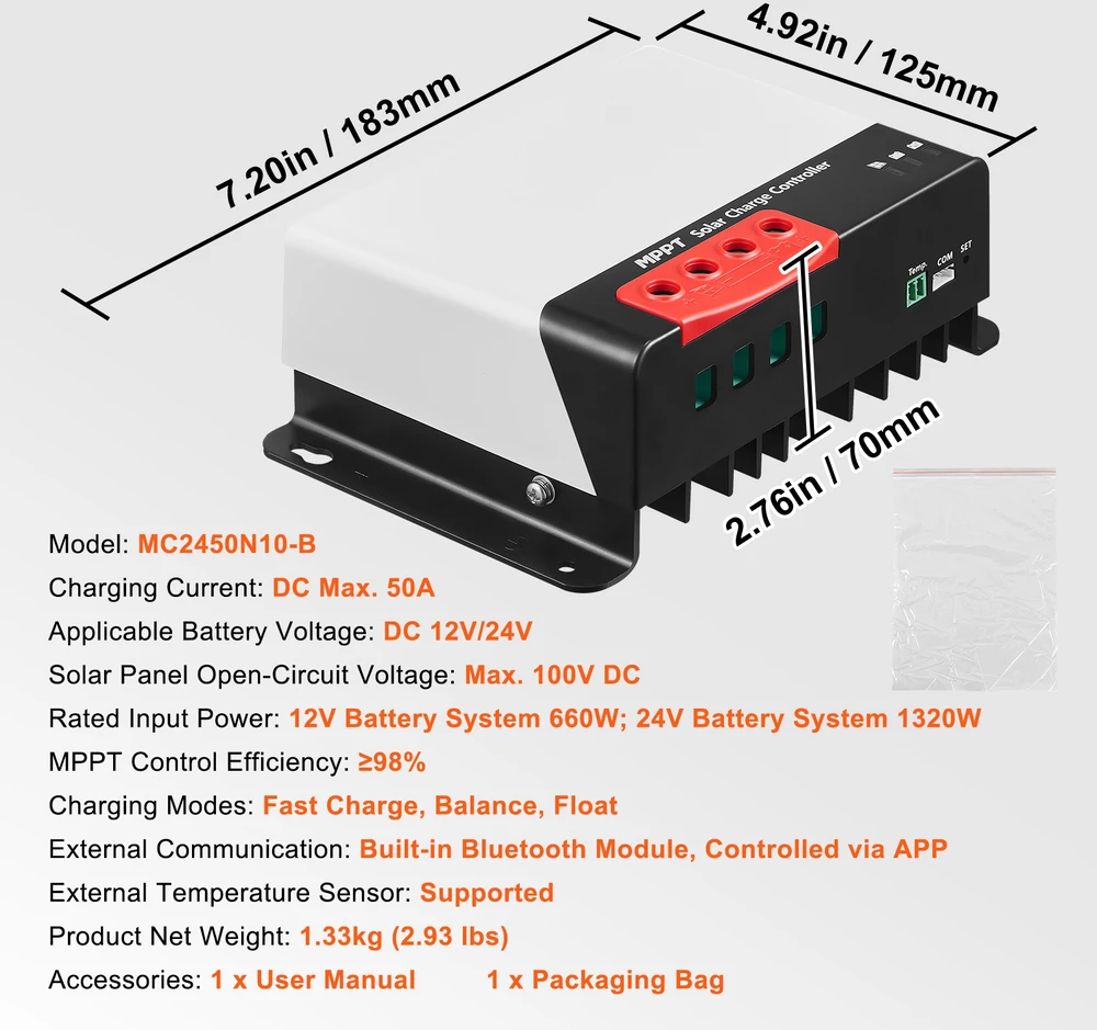 VEVOR MPPT saulės energijos valdiklis 50A su Bluetooth
