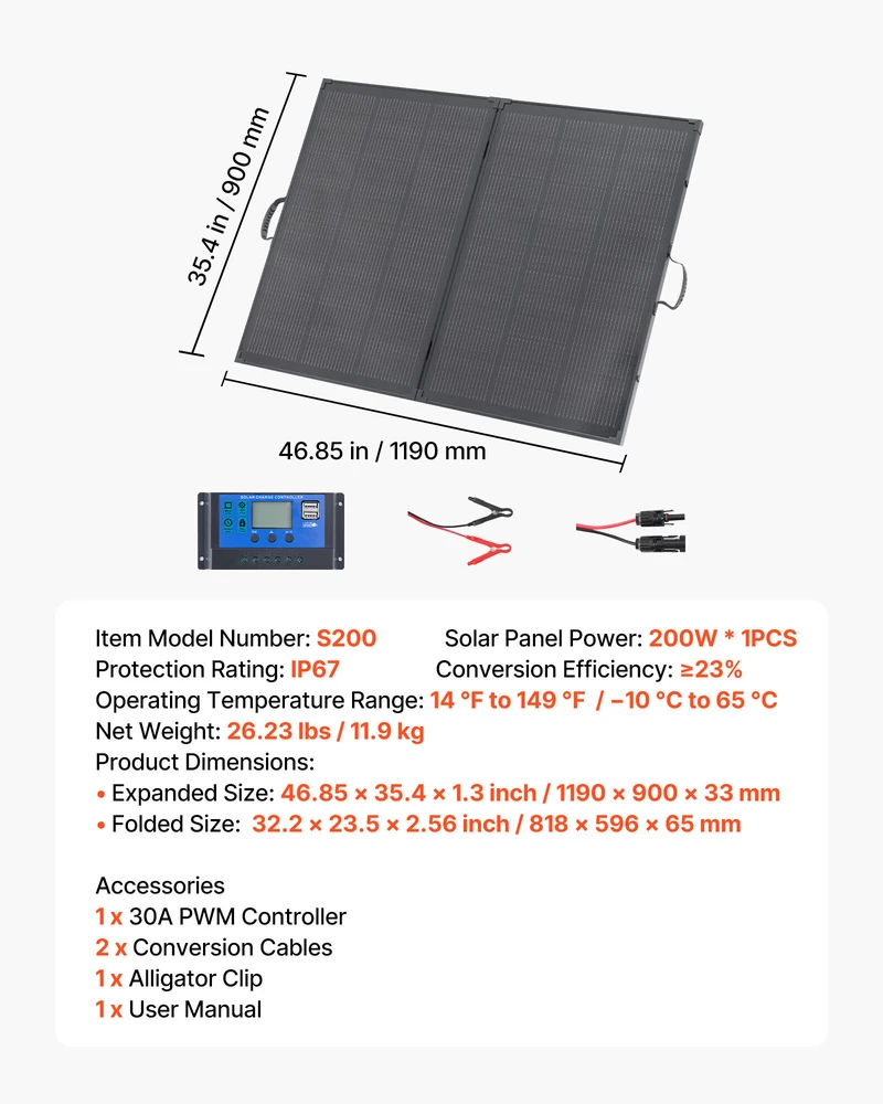 VEVOR Sulankstomas 200W saulės kolektorius su rėmu