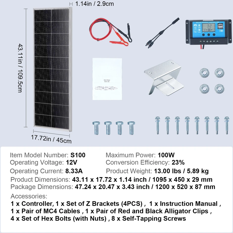 VEVOR 100W monokristalinis saulės kolekcija ir valdiklis