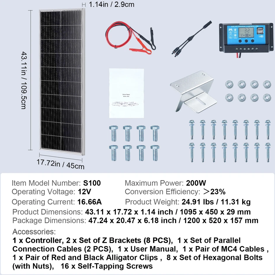 VEVOR 200W monokristalinis saulės kolektorių komplektas