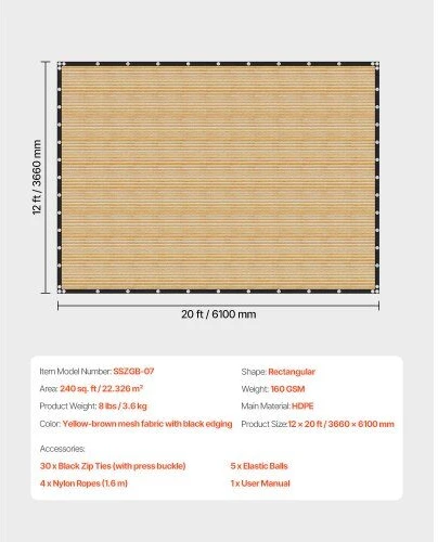 VEVOR Saulės uždanga privatumo išlaikymui 3.66 x 6.1 m