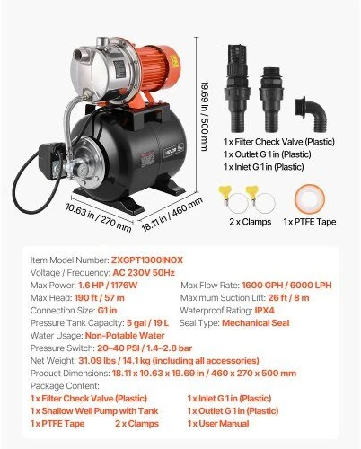 VEVOR 1,2 kW aukšto slėgio siurblys su baku