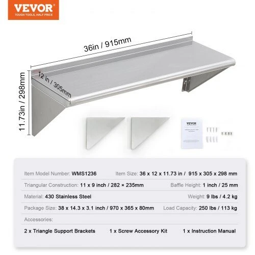 VEVOR 91 cm x 30 cm nerūdijančio plieno lentyna