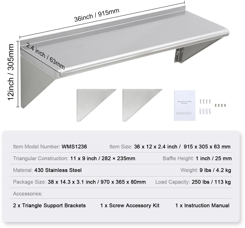 VEVOR 91 cm x 30 cm nerūdijančio plieno lentyna