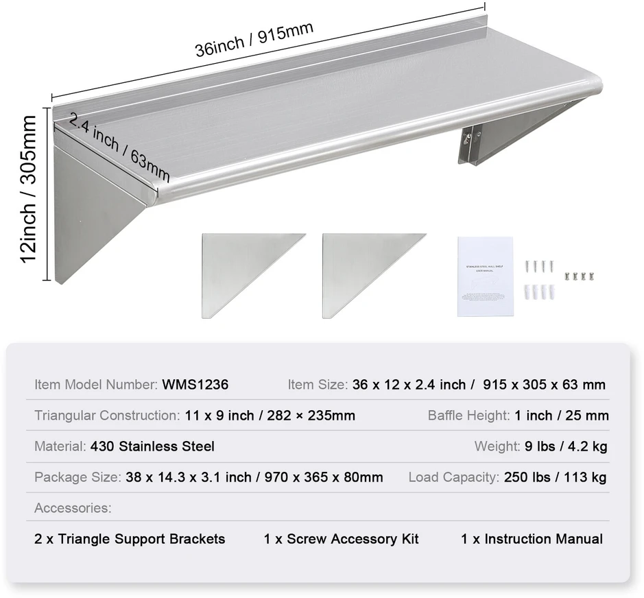 VEVOR 91 cm x 30 cm nerūdijančio plieno lentyna