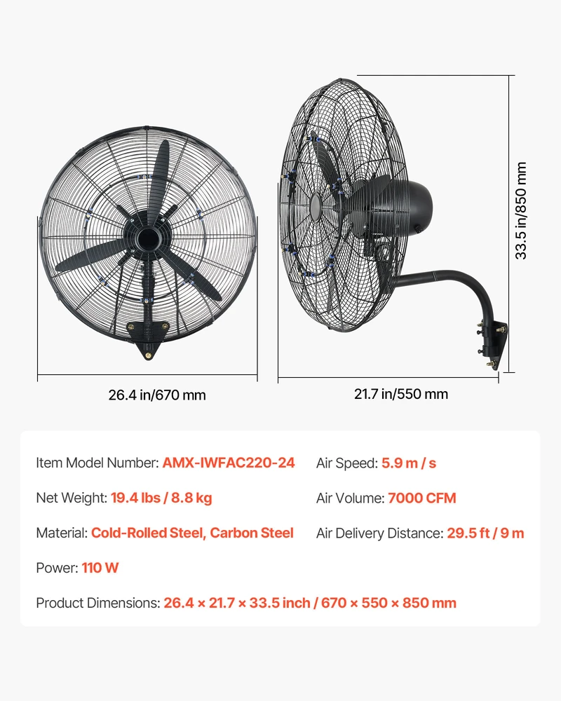 VEVOR Sieninis ventiliatorius su osciliacija ir rūku, 610 mm, IP44