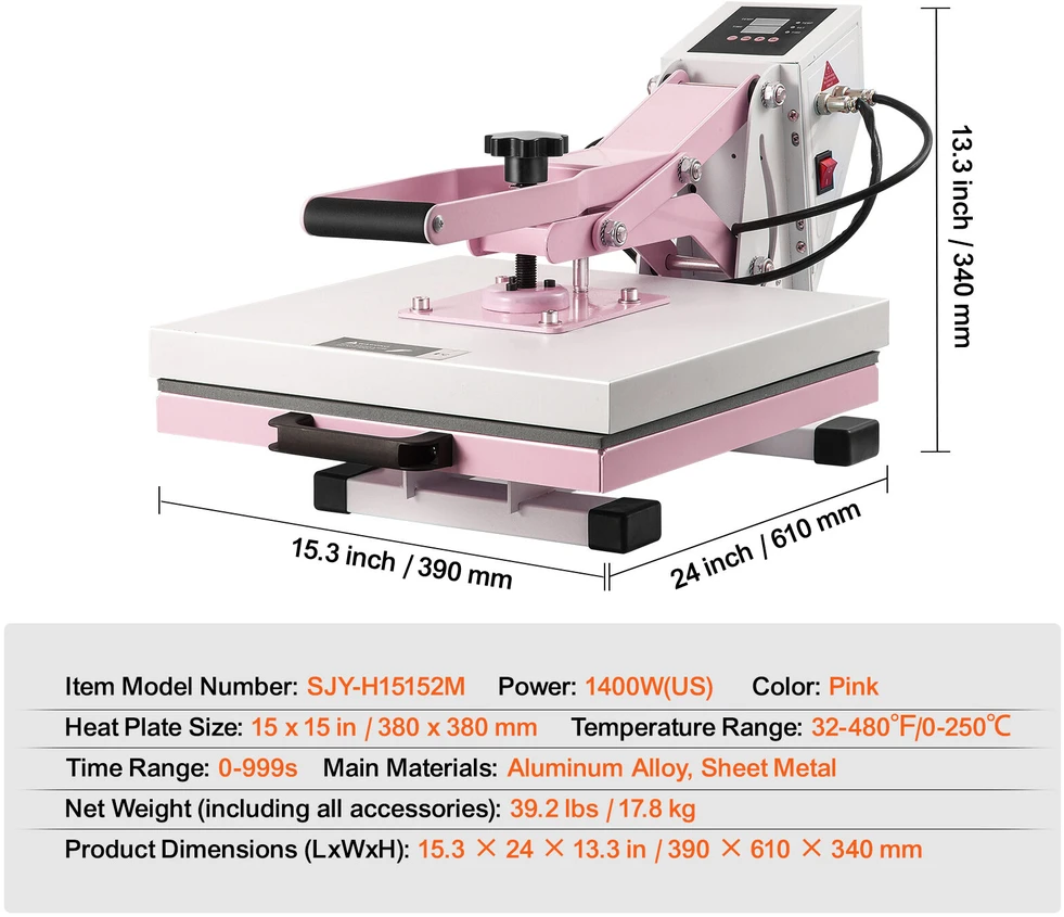 VEVOR 15x15 cm rožinis termo presas