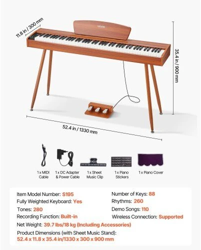 VEVOR Elektrinis pianinas 88 klavišų, medinis korpusas