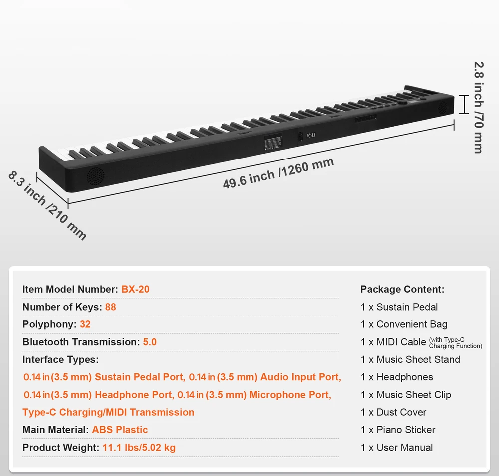 VEVOR 88 klavišų sulankstomas klavišinis pianinas su Bluetooth