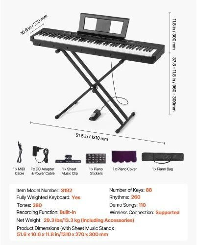 VEVOR Skaitmeninis pianinas su svertinėmis klavišais, 88 klavišai