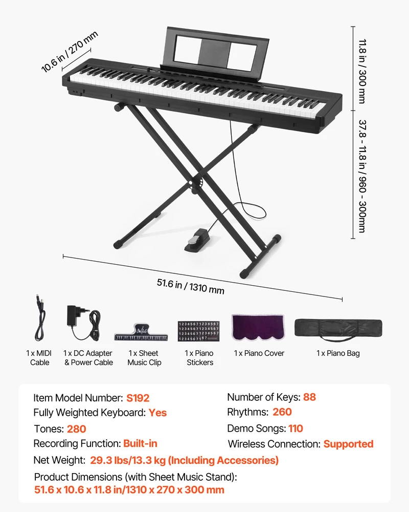 VEVOR Skaitmeninis pianinas su svertinėmis klavišais, 88 klavišai