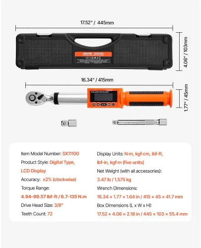 VEVOR Skaitmeninis sukimo momento raktas 3/8" 0-135 N.m