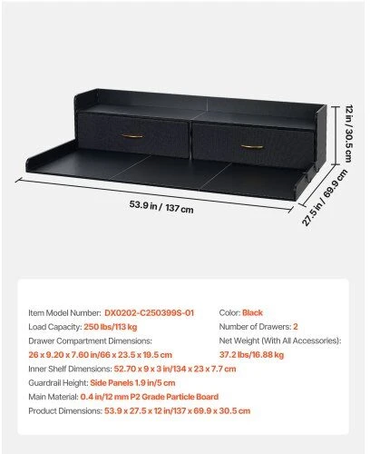 VEVOR Skalbyklės ir džiovyklės stalviršis su lentyna, 137 x 69.9 cm medinis antstatas su 2 stalčiais ir kabliukais, skalbimo mašinos viršus skalbyklos organizavimui, juodas