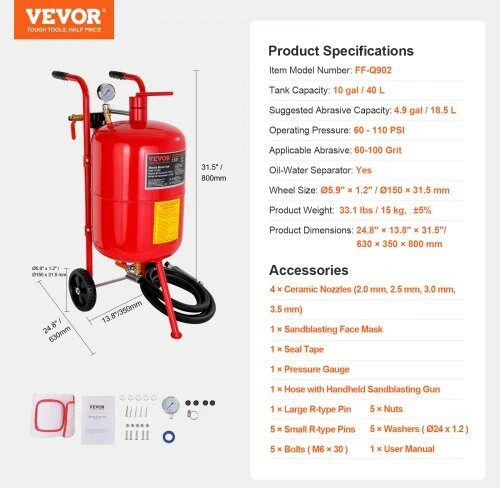VEVOR 38 litrų smėliuoklis su vožtuvu ir manometru