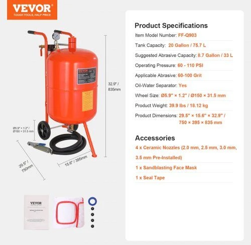 VEVOR 20 galonų smėliasrovė 60–110 PSI su 4 purkštukais