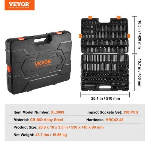 VEVOR Smūginiai veržliarakčiai 130 vnt. 3/8" ir 1/2"