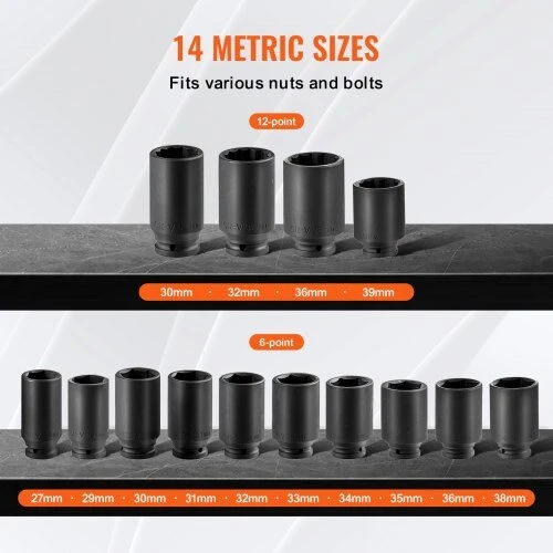 VEVOR Ašinių veržlių smūginių galvučių rinkinys 1/2" 14 vnt.