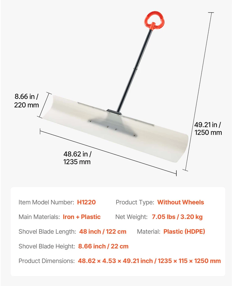VEVOR Plastikinė sniego stūmimo kastuvas 122 cm