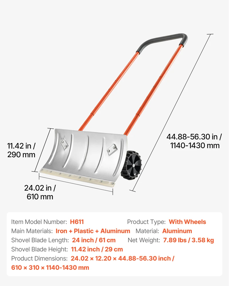 VEVOR Sniego stūmiklis su ratais 61 cm plieno kastuvas