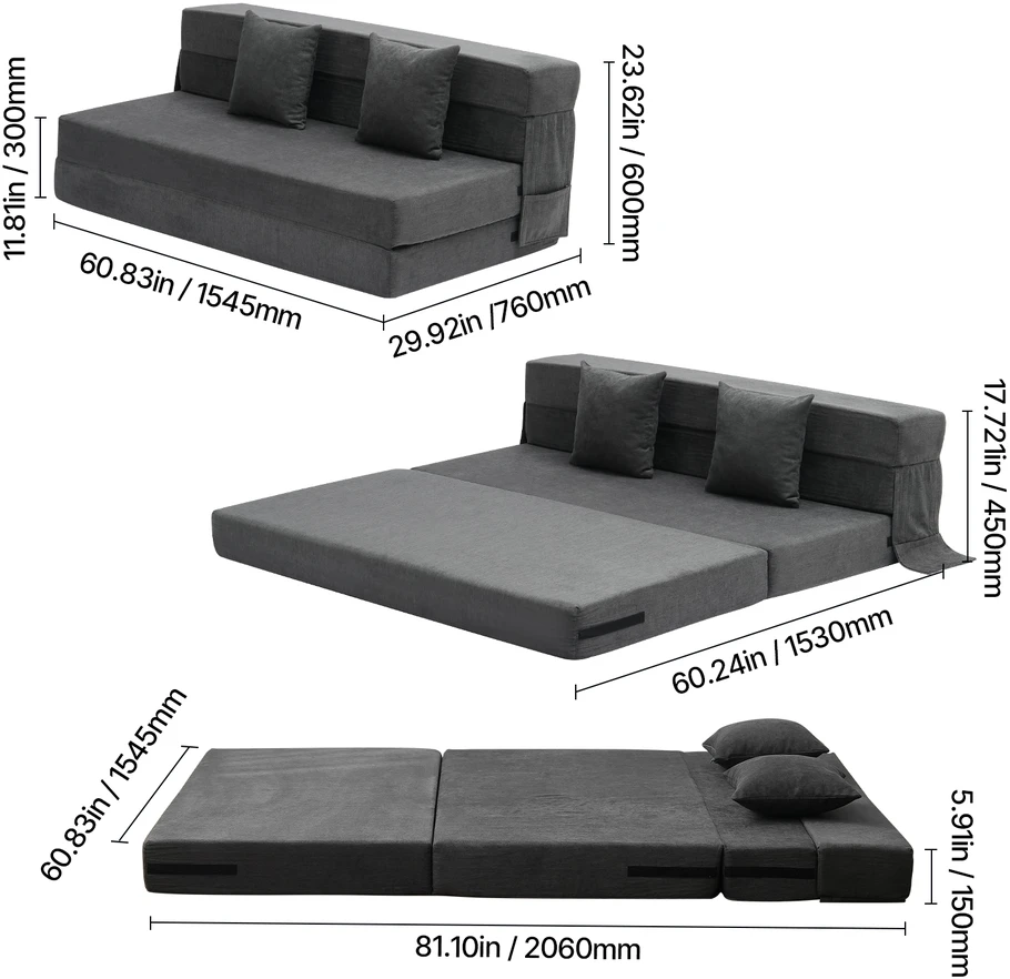 VEVOR Sulankstoma sofa-lova 3-in-1 su pagalvėmis pilka