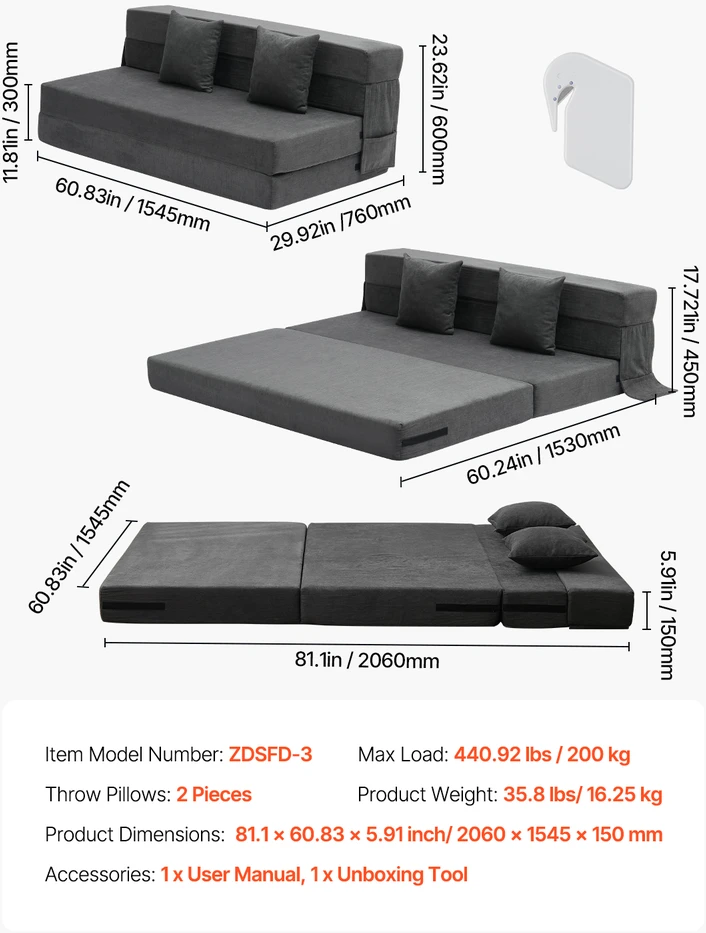 VEVOR Sulankstoma sofa-lova 3-in-1 su pagalvėmis pilka