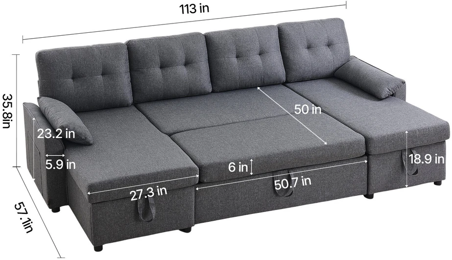 VEVOR U formos 6 vietų miegamoji sofa pilka