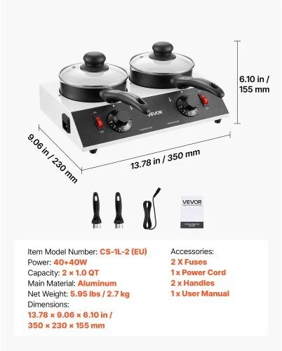 Kavos aparatas Šokolado lydymo aparatas VEVOR CS-1L-2, 2 x 1 l talpa