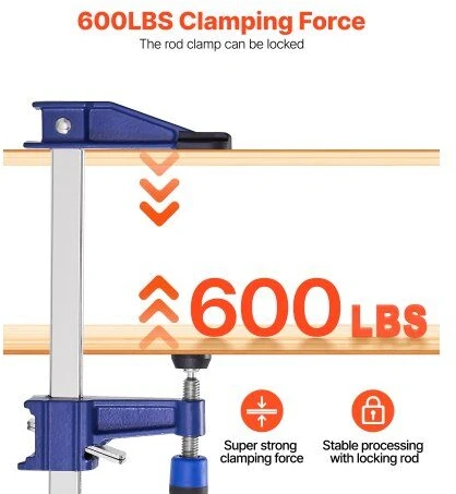 VEVOR Sraigtiniai gnybtai medžio apdirbimui, 4 vnt. komplektas su 91.4 cm atsidarymu, užrakinamas F formos gnybtas su 272 kg apkrova, 63.5 mm gylis, spaustuvai staliams ir metalo apdirbimui