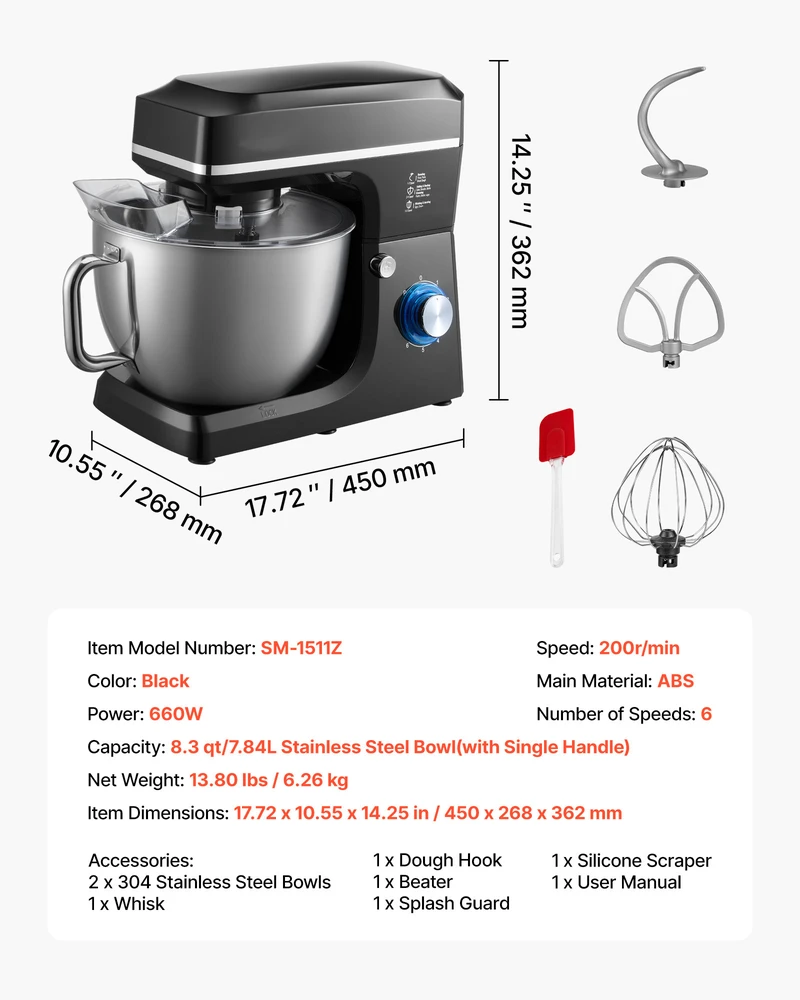 Plakiklis VEVOR Virtuvinis maišytuvas 7.84 L 1400W 6 greičiai