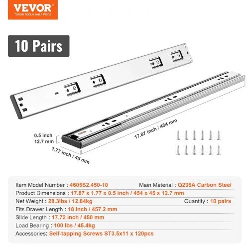 VEVOR 10 porų 45 cm stalčių bėgelių